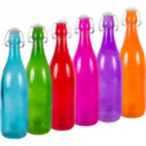 Стеклянная бутылка 1 л с герметичной бугель-пробкой, различных цветов
