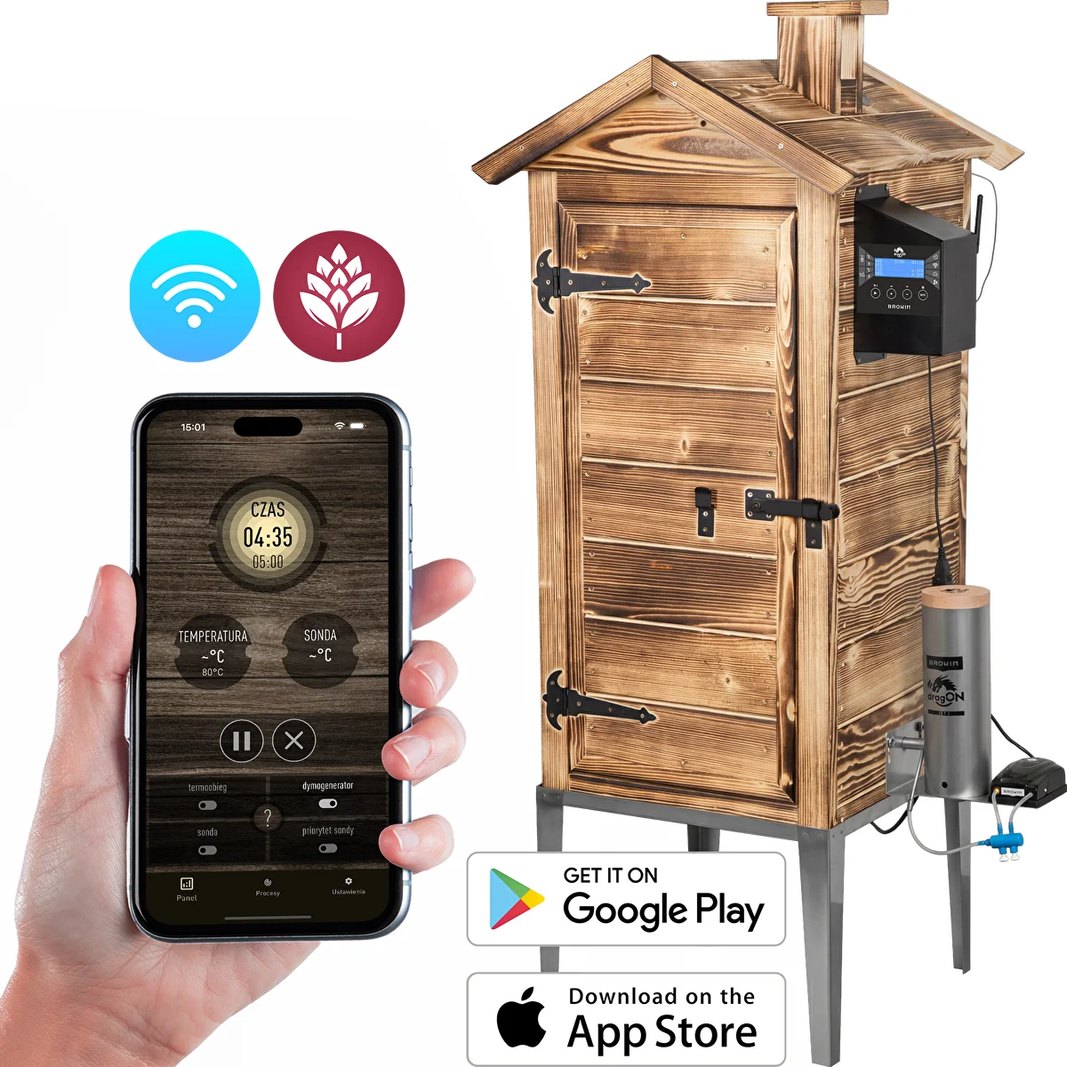 Коптильня с Wi‑Fi, 200 л — dragON WOOD 100IQ с электрическим модулем нагрева и контроллером, дровяная