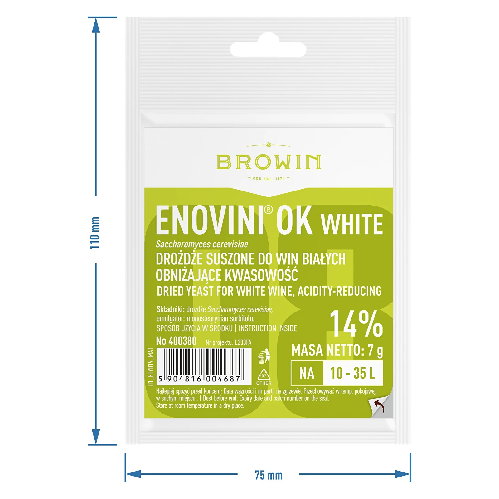 Дрожжи Enovini® OK WHITE - снижающие кислотность, 7 г (дрожжи) -  symbol:400380