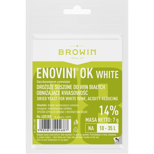 Дрожжи Enovini® OK WHITE - снижающие кислотность, 7 г  - 1 ['яблочные дрожжи', ' белые виноградные дрожжи', ' яблочное вино', ' виноградное вино', ' снижающие кислотность дрожжи', ' белые винные дрожжи', ' сухие дрожжи', ' домашнее вино']