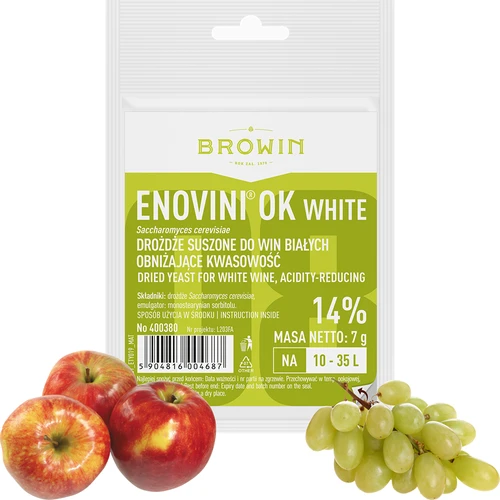 Дрожжи Enovini® OK WHITE - снижающие кислотность, 7 г - 3 ['яблочные дрожжи', ' белые виноградные дрожжи', ' яблочное вино', ' виноградное вино', ' снижающие кислотность дрожжи', ' белые винные дрожжи', ' сухие дрожжи', ' домашнее вино']