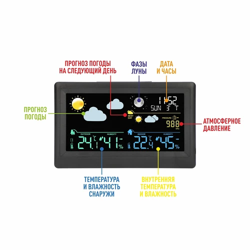 Электронная метеостанция - беспроводная, с датчиком, черная - 7 ['беспроводная погодная станция', ' беспроводная метеостанция', ' измерение температуры на улице и в помещении', ' измерение влажности', ' погодная станция с календарем', ' погодная станция с будильником', ' точная погодная станция', ' точная метеостанция', ' электронная погодная станция', ' универсальная погодная станция', ' идеальная метеостанция', ' контроль температуры', ' прогноз погоды', ' датчик влажности', ' гигрометр', ' барометр', ' измерение атмосферного давления', ' прогноз погоды', ' фазы луны', ' идея подарка', ' тенденции', ' погодная станция с цветным дисплеем']