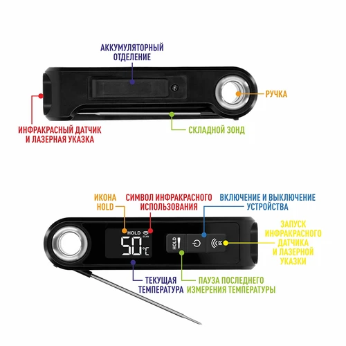 Инфракрасный термометр для приготовления пищи, компактный, со складным зондом - 9 ['кулинарный термометр', ' пищевой термометр', ' для приготовления пищи', ' для копчения', ' для выпечки', ' термометр для мяса', ' термометр для торта', ' универсальный термометр', ' лучший кулинарный термометр', ' термометр с зондом', ' инфракрасный термометр', ' кухонный термометр', ' идея подарка']