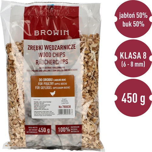 Щепа для копчения/гриля, (50% яблоня + 50% бук), 450 г, кл. 8 - 2 ['коптильная щепа', ' щепа для копчения', ' щепа для гриля', ' щепа для гриля', ' дым', ' щепа для птицы', ' щепа из яблони и бука', ' смешанная щепа для птицы', ' смесь щепы из яблони и бука', ' щепа для копчения курятины', ' щепа для коптильни', ' копчение куриного мяса', ' приготовление на гриле птицы']